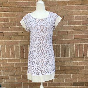 Tiana B. Tan & Cream Floral Lace Cap Sleeve Shift Dress